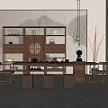 Natural Interior Wooden Tea Table with Stools Cabinet Tea Sets Hanging Lamp and Green Plant