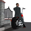 A man posing on red motorcycle with white frame and black wheels near iron gate