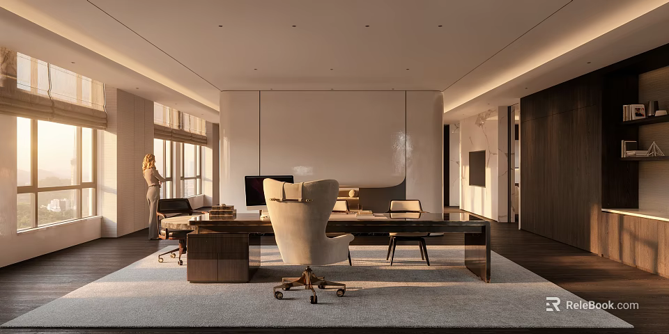 Modern Luxury Spacious Office With Large Work Desk And Comfortable Ergonomic Chairs And Warm Sunlight 3d model 