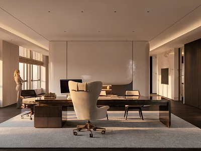 Modern Luxury Spacious Office With Large Work Desk And Comfortable Ergonomic Chairs And Warm Sunlight 3d model