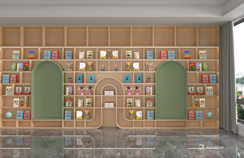 Wooden Shelving Unit Featuring Green Arched Doors And Colorful Items In Multiple Compartments 3d model 