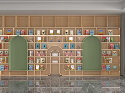 Wooden Shelving Unit Featuring Green Arched Doors And Colorful Items In Multiple Compartments 3d model