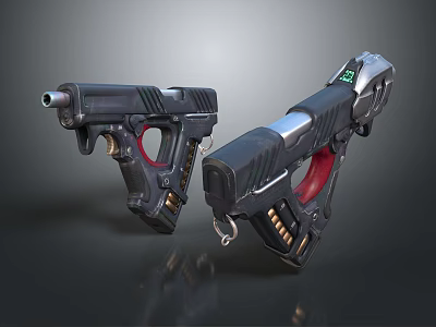 Futuristic Sci Fi Pistols With Black Body Red Grips And Silver Green Details 3d model