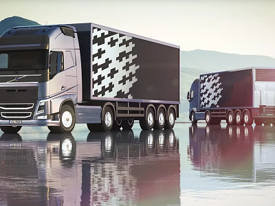 Modern Commercial Trucks With Black White Checkerboard Pattern And Mountain Water Reflection 3d model