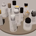 Various Perfume Cosmetics Bottles On Tray With Different Cap Colors And Designs 3d model
