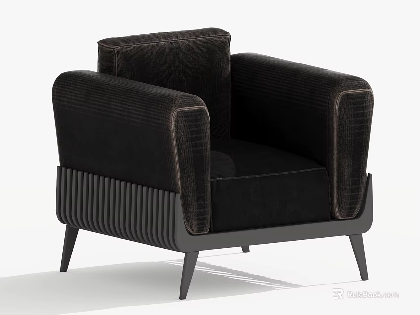 Black Velvet Single Sofa With Textured Armrests And Modern Metal Legs 3d model 