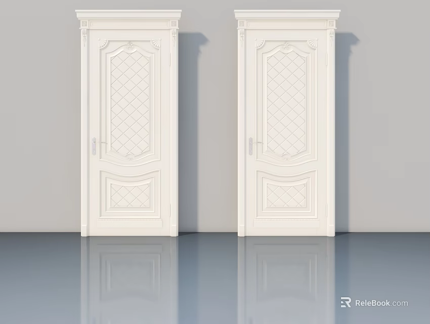 White Elegant Swing Doors With Decorative Diamond Lattice Design For Home 3d model 