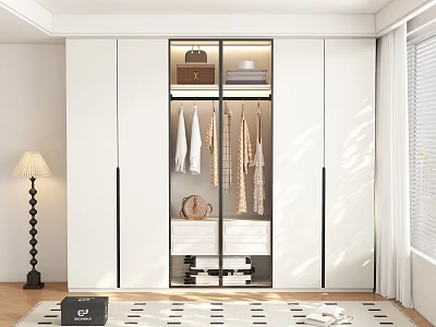 Modern White Wardrobe with Glass Doors Hanging Clothes and Storage Drawers 3d model