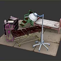 Medical Equipment Setup with Hospital Bed Wheelchair Stretcher and Floor Lamp