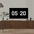 Modern Wooden TV Stand With Drawers Floor Lamp Potted Plant And Decorative Items