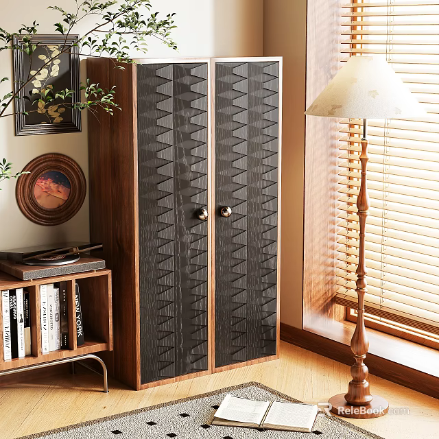 Wooden Wardrobe with Geometric Pattern Doors in Cozy Room with Bookshelf Lamp and Window 3d model 