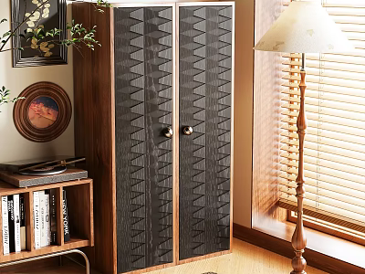Wooden Wardrobe with Geometric Pattern Doors in Cozy Room with Bookshelf Lamp and Window 3d model