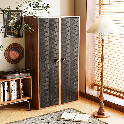 Wooden Wardrobe with Geometric Pattern Doors in Cozy Room with Bookshelf Lamp and Window 3d model