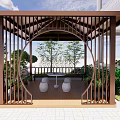 Garden Pavilion With Brown Roof Wooden Floor Columns Railing And Surrounding Green Plants
