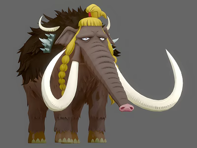 Animated Game Movie Character Mammoth with Yellow Braided Hair Long White Tusks and Shaggy Mane 3d model