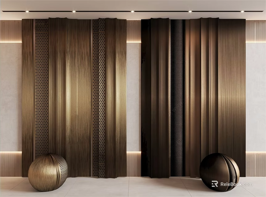 Modern Background Wall With Vertical Striped Textured Metallic Design And Spherical Decorative Ornaments 3d model 