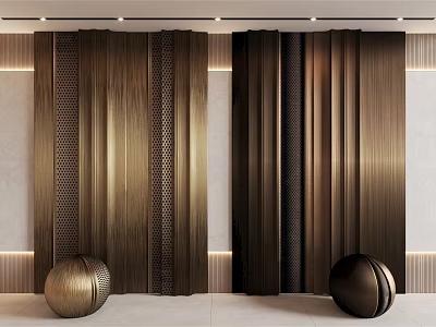 Modern Background Wall With Vertical Striped Textured Metallic Design And Spherical Decorative Ornaments 3d model
