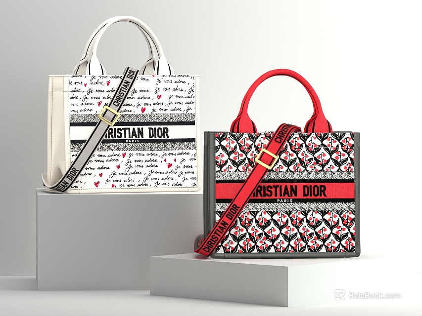 Stylish Christian Dior Handbags With Patterned Prints Red Straps And Logo Details 3d model 