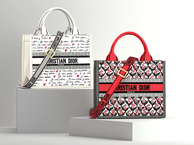 Stylish Christian Dior Handbags With Patterned Prints Red Straps And Logo Details 3d model