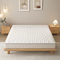 Double Bed with Quilted White Mattress and Wooden Frame Side Nightstands Curtains Wall Art