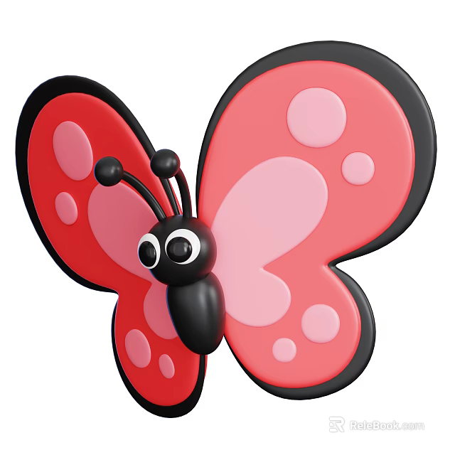 Cartoon Butterfly With Red Wings Black Edges Pink Spots Black Body Antennae And Big Eyes 3d model 