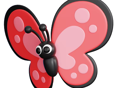 Cartoon Butterfly With Red Wings Black Edges Pink Spots Black Body Antennae And Big Eyes 3d model