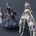 Game And Movie Female Fantasy Characters With Elaborate Costumes Sword And Floral Decorations