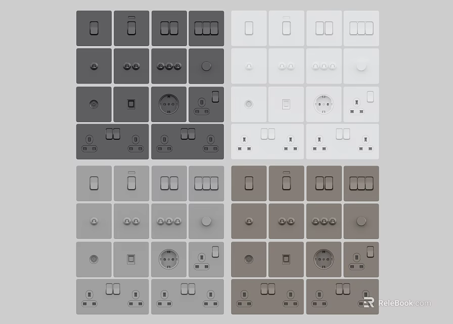 Gray White Brown Switch Panels With Various Switch And Socket Designs 3d model