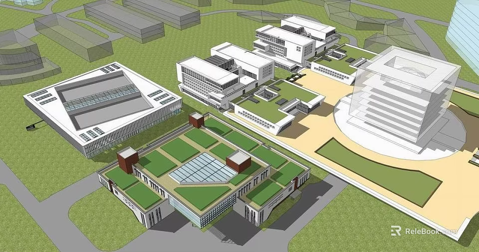 Shower Sauna Facility In Modern Complex With Green Roof And Open Plaza Design 3d model 