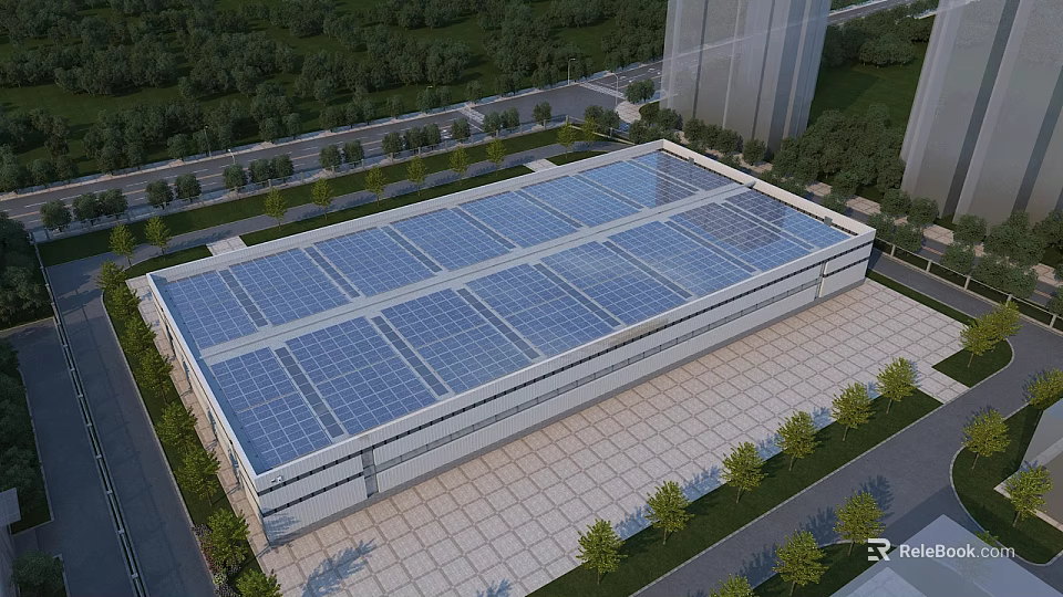 Modern Industrial Factory Building With Solar Panels On Roof And Green Surroundings 3d model 