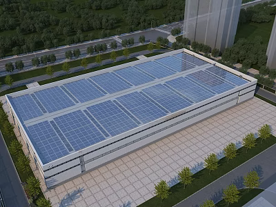 Modern Industrial Factory Building With Solar Panels On Roof And Green Surroundings 3d model