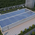 Modern Industrial Factory Building With Solar Panels On Roof And Green Surroundings