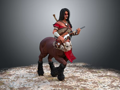 Fantasy Warrior In Red Brown Attire Riding Brown Steed With Dark Fur Legs And Spear 3d model