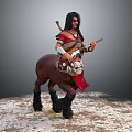 Fantasy Warrior In Red Brown Attire Riding Brown Steed With Dark Fur Legs And Spear