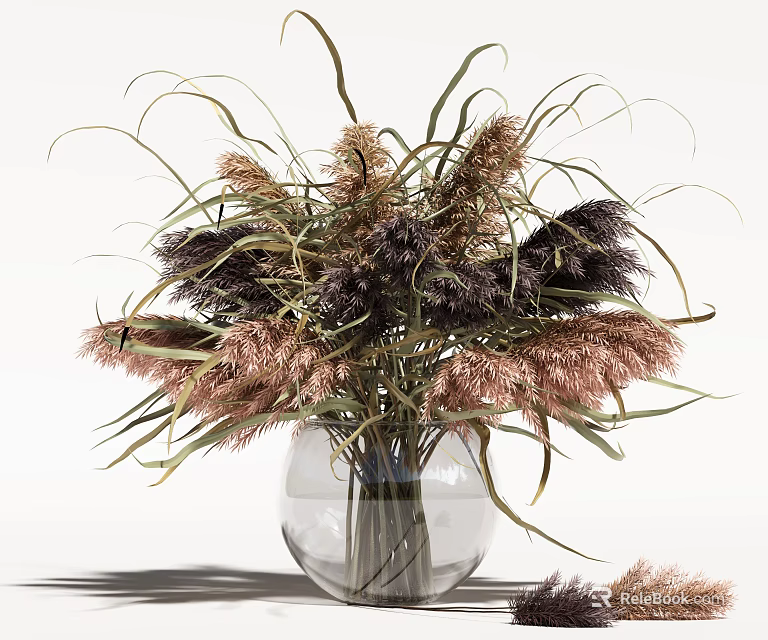 Clear Glass Vase With Dried Pampas Grass Brown Purple Flowers For Minimalist Interior Decor 3d model 
