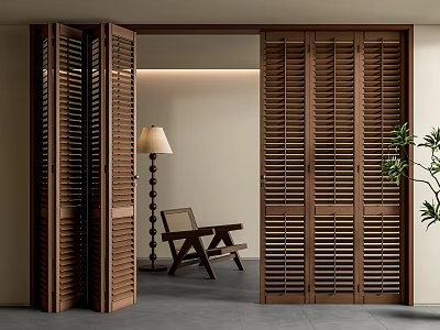 Wooden Slatted Folding Doors in Modern Interior With Chair Floor Lamp And Plant 3d model