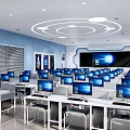 School Computer Classroom With Blue Walls Circular White Ceiling Designs And Neatly Arranged Computers For Student Learning 3d model