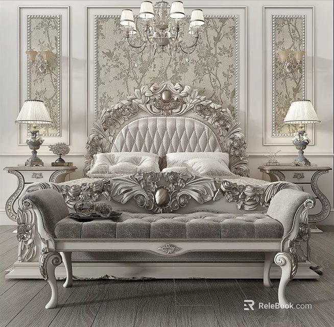 Luxurious Bedroom Interior With Elegant Carved Double Bed Frame And Ornate Wall Paneling Design 3d model 