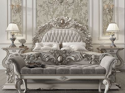 French Background Double Bed Classical Carved Double Bed End Stool Combination model