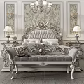 French Background Double Bed Classical Carved Double Bed End Stool Combination 3d model
