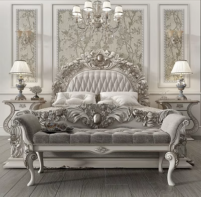 Luxurious Bedroom Interior With Elegant Carved Double Bed Frame And Ornate Wall Paneling Design 3d model