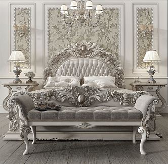 French Background Double Bed Classical Carved Double Bed End Stool Combination 3d model