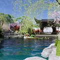 Natural Rockery Stones In Serene Garden With River Lotus Flowers And Blooming Trees