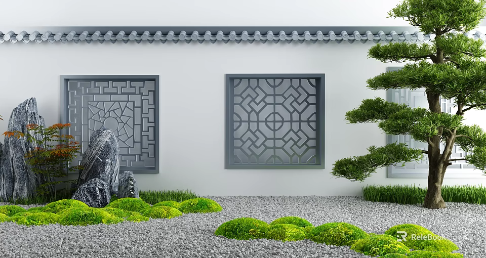Traditional Chinese Architectural Exterior Wall With Lattice Windows Gray Tiled Roof And Rockery Green Plants 3d model 