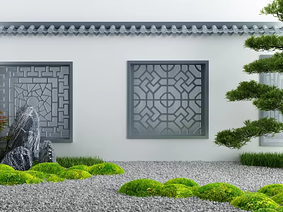 Traditional Chinese Architectural Exterior Wall With Lattice Windows Gray Tiled Roof And Rockery Green Plants 3d model
