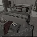 Modern Double Bed with Patterned Pillows Nightstands Lamps Bench and Scenic Window in Cozy Bedroom