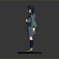 3D Animated Character With Blue Hair Green Outfit Orange Bag And Notebook On Black Base