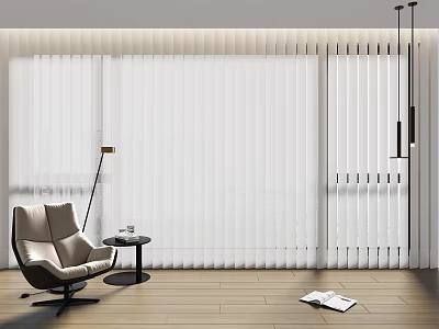 White Vertical Blinds In Modern Interior With Beige Chair Round Side Table And Wooden Floor 3d model