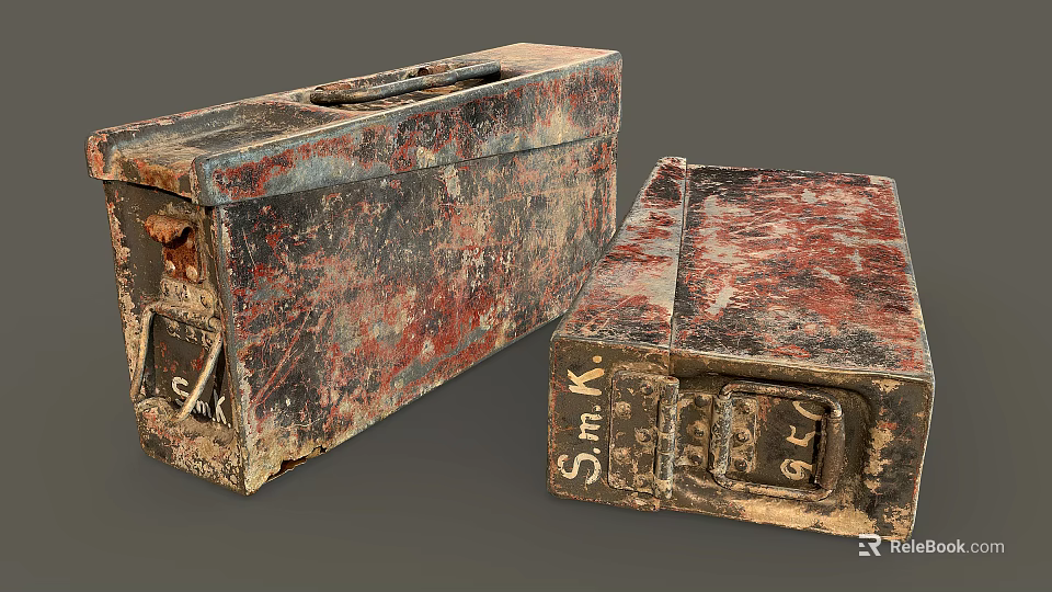 Two Vintage Rusty Worn Metal Storage Boxes With Letter Markings For Home 3d model 