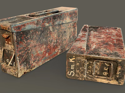 Two Vintage Rusty Worn Metal Storage Boxes With Letter Markings For Home 3d model